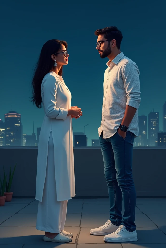 A woman and a men are talking on the rooftop at night, the women is wearing a white Indian traditional suit and glasses, the men is wearing a white printed shirt, jeans and white shoes. And smart watch.