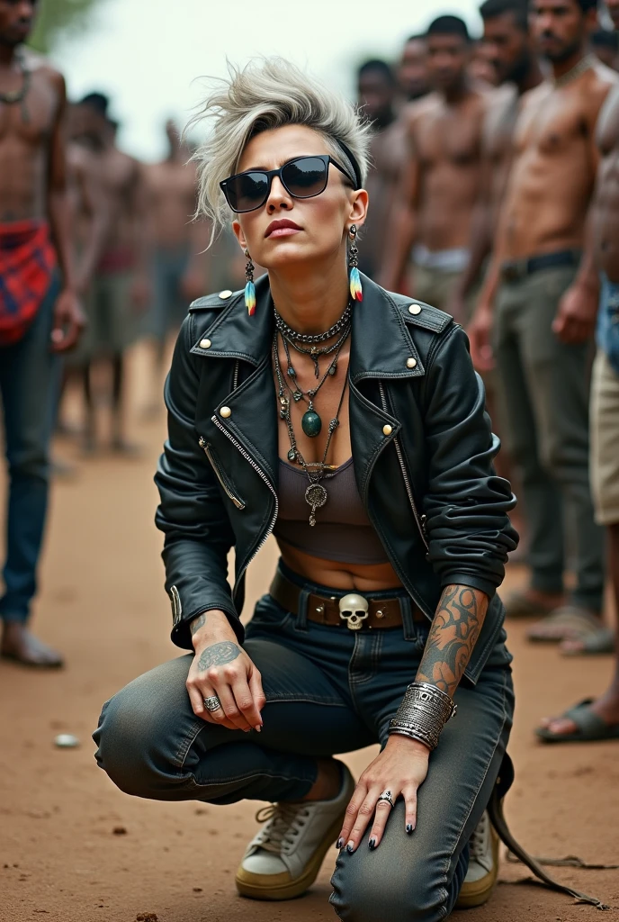 russian milf woman, grey hair (pouf, and top bun and shaved sides) and oversized square maxi sunglasses as headband, with very light blue eyes, extremely pale. Wearing aged vintage black cropped moto jacket with padded shoulders, with lots of zippers and pins; aged dirty tight push up tank top , skinny aged blue jeans and dirty white tennis sneakers. Dirty knees and dusty hands. Lots of metallic bracelets, lots of boho pendants and lots of colourful beads collars. Tacky wide studded leather belt with oversized skull and bones buckle. Long bohemian earrings with colourful feathers. Kneeling like in a payer, chin up stretching her neck , humble facial expression. Hands on her knees, showing off bracelets and rings. studded black leather tote bag with chains on the floor, next to her.. Listening in amazement to somebody speaking to her, well toned abdominals, thin neck, slim legs and thin arms. Tattoed heavily on chest and hands. Dirt street in Kenian village full of waste. A lot of tanned shirtless fat men in jeans around looking at her. next to her, all her belongings scattered on the floor: makeup kit, little makeup mirror, studded black leather tote bag, lipstick, wallet, moble etc on the floor