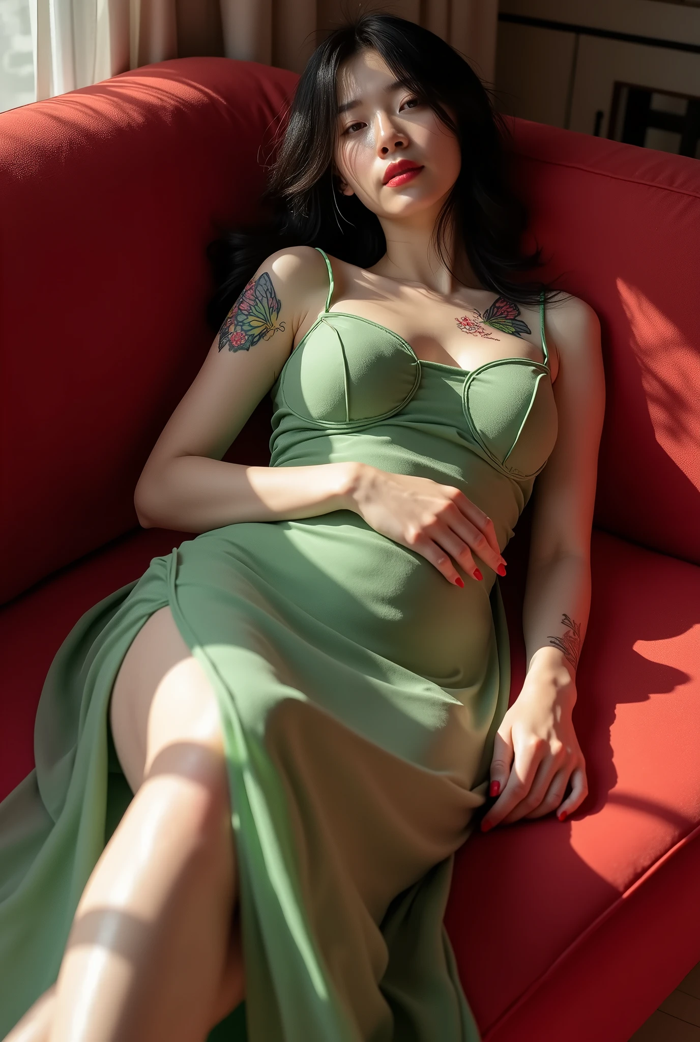 day scene, extreme close up photo of naked woman from top view, hourglass figure, swooping breasts, deep cleavage, curvy, seductive, wide open mouth and moaning heavily self pleasure in classroom, closed eyes and pulling hair in pain, necklace, green saree, red lips, sultry, ponytail, (cinematic:1.3), intricate details, (ArtStation:1.2)