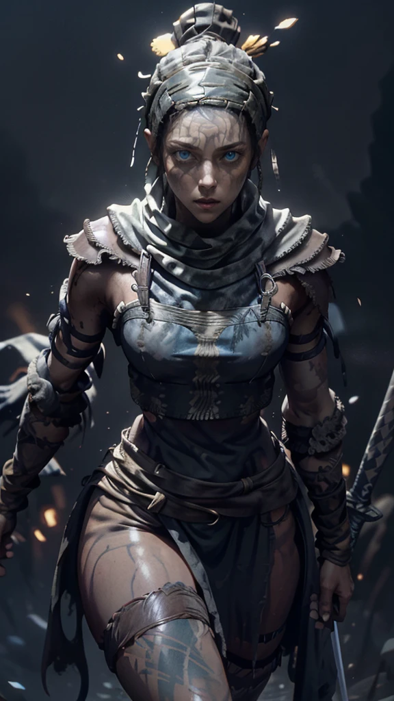 Senua from hellblade, 1girl, holding glowing sword, sword fighting poses, wide angle, damaged leather clothing, thigh cutout, forehead and eyes painted dark blue, determined expression, 16k, best quality, detailed face, beautiful blue eyes, best hands, perfect hands, unreal engine rendering style, award winning digital art, darkly atmospheric lighting 