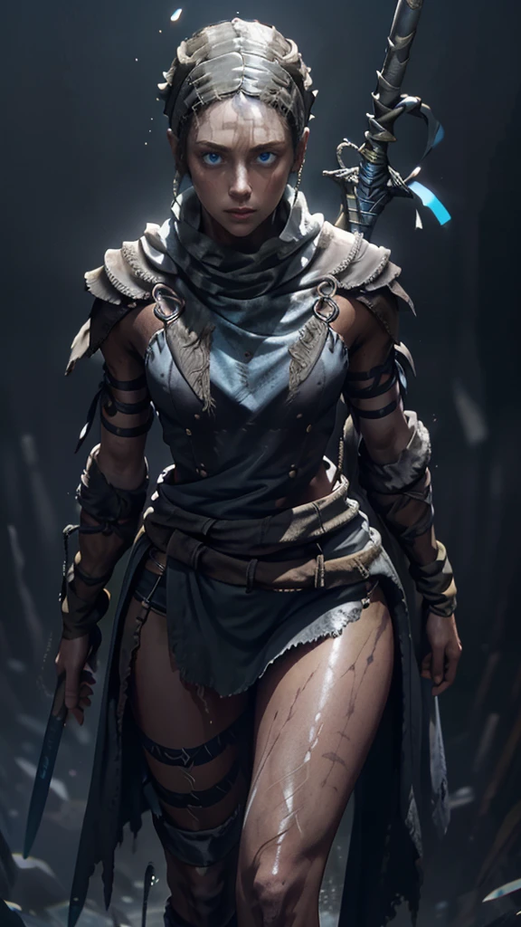 Senua from hellblade, 1girl, holding glowing sword, sword fighting poses, wide angle, damaged leather clothing, thigh cutout, forehead and eyes painted dark blue, determined expression, 16k, best quality, detailed face, beautiful blue eyes, best hands, perfect hands, unreal engine rendering style, award winning digital art, darkly atmospheric lighting 