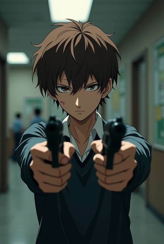  boy in a school, brown wavy hair, scar on eye, serious expression, wearing school uniform, tie, slightly torn clothes, bored expression, holding two pistols, aiming forward, front view, dramatic lighting, detailed, UHD, (style of death note:1.3)