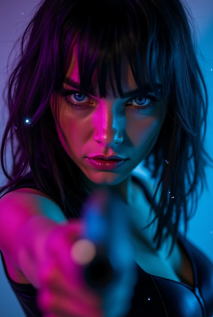 A close-up of a woman's very blue eyes, angry look, linda, black hair, black leather clothing, and a gun in his hand, night background, and purple and blue phosphorescent light, brillitos