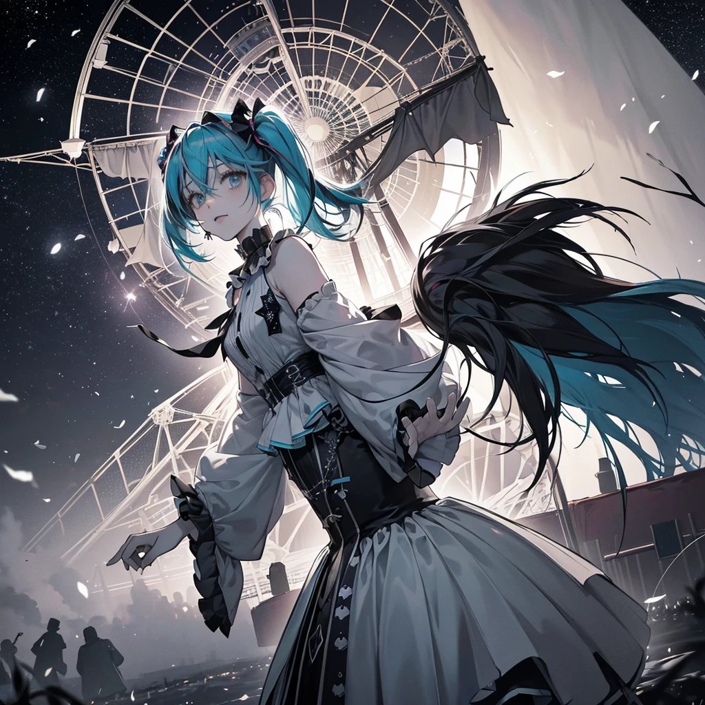 greyscale, dark horror carnival, night sky, multicolor clown costume , ambient moonlight, ral-dissolve, clown, coco, multicolor twinhair, Dios, Miku, realisticmix, short stature, body, a dark carnival , fog, ferris wheel, lights, carnival tents, carnival rides, (((masterpiece))) (((best quality))), Hatsune Miku,