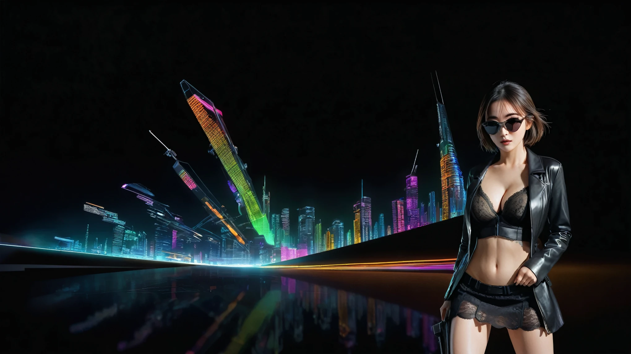 Futuristic cityscapes with colorful all-glass towering skyscrapers, flying vehicle. High-resolution OLED GUI interfaces in the building, The windows are filled with transparent data visualization infographics that show it all, from weather patterns to traffic flow. Colors are saturated and vibrant. At night, (1girl, solo, alone), medium-breast slim:0.6 body, oval:0.5 face, cleavage:1.1, sexy black laced bra, miniskirt, white laced panty, coat, (black micro sunglasses), (holding a short gun), (slightly leaning forward running pose), (half-body thigh level medium shot), cinematic lighting, ray tracing.