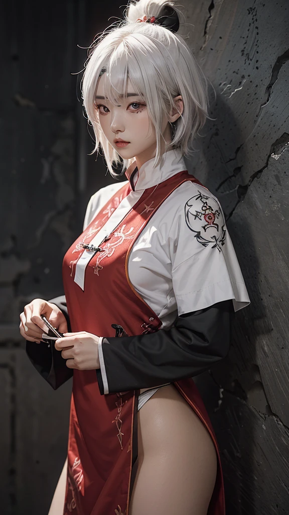 an adult Korean priest with short, messy white hair with black highlights, gray eyes, piercing look, strong body tattoos, dark cement wall background, with red lettering a drawing of a ,wearing a red and black knee-length tunic and wide clerical, It's with your hands together praying looking up, facing to the side ,manhwa oc anime panel