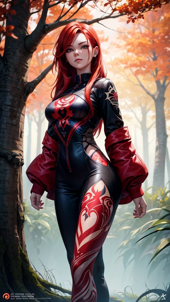 woman with red hair and tattoos stands in front of tree, a digital painting of an, inspired by rossdraws, Artstation Competition Winner, Digital art, deviantart artstation cgscosiety, ig model | Artgerm, High quality detailed 8K graphics, alena aenami and Artgerm, style Artgerm, in the style Artgerm