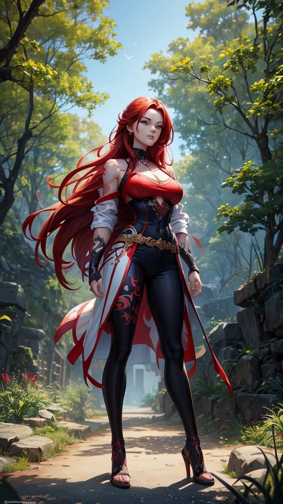 woman with red hair and tattoos stands in front of tree, a digital painting of an, inspired by rossdraws, Artstation Competition Winner, Digital art, deviantart artstation cgscosiety, ig model | Artgerm, High quality detailed 8K graphics, alena aenami and Artgerm, style Artgerm, in the style Artgerm