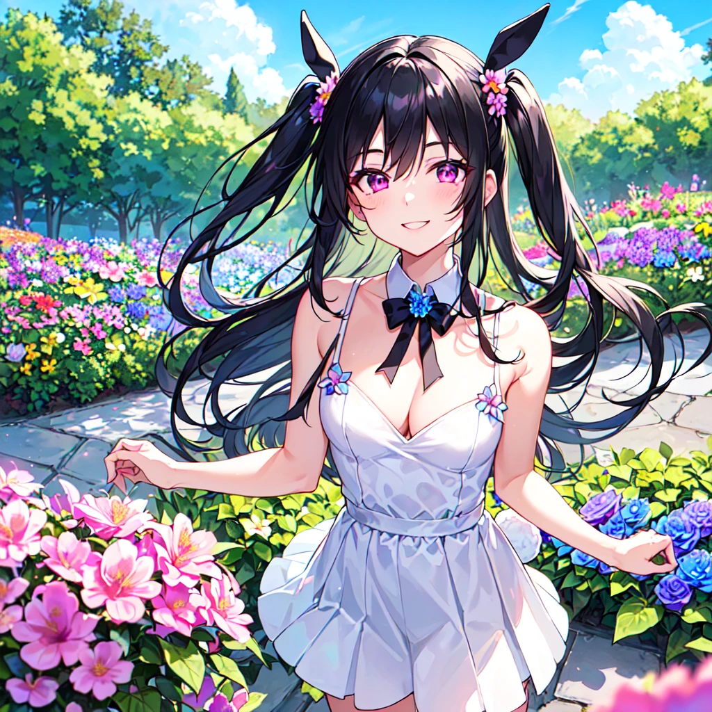 masterpiece, best quality, high quality, extremely detailed, very delicate and beautiful, (1female 18years old solo:1.5) , (two-side up long black hair:1.5), bangs to eyebrows, eyes (eyes sharp, strong and glossy, eyebrows glossy, (eye color magenta:1.3), 6.5 head height, (bunny girl:1.3), knee socks, (smiling), (standing:1.3), (dynamic pose), (upper body:1.3), (background summer flower garden :1.3) , (blue sky:1.3)