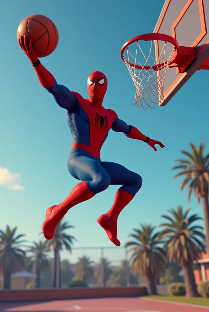 spiderman doing a three pointer in basketball while looking at the camera pointing back (with his thumb) as the ball reaches the basket