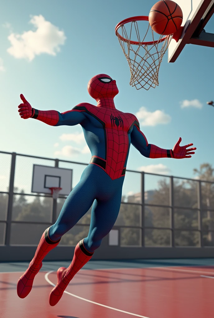 spiderman doing a three pointer in basketball while looking at the camera pointing back (with his thumb) as the ball reaches the basket