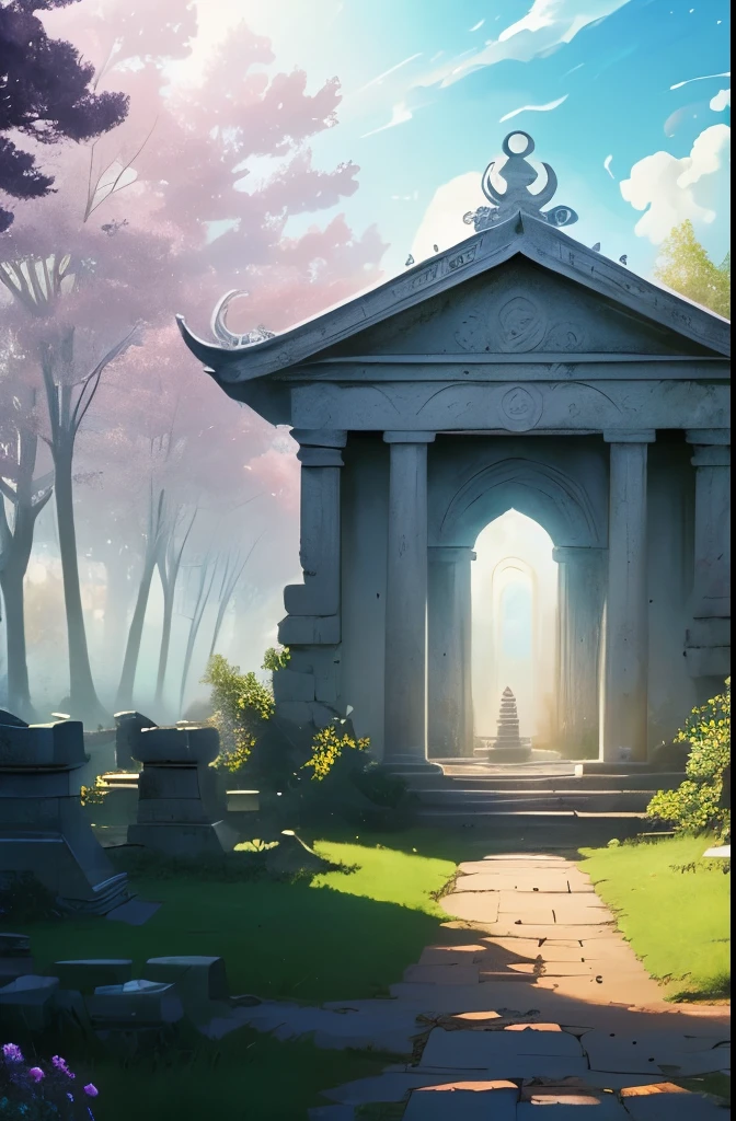 there is a small white building in the middle of a field, mysterious temple setting, a mystical temple, background depicting a temple, secret overgrown temple, entrance to ethereal realm, temple background, portal to the ethereal realm, mythical shrine, beautiful anime scene, anime beautiful peace scene, the most beautiful scene, ancient temple, at sunrise in springtime, mystical setting