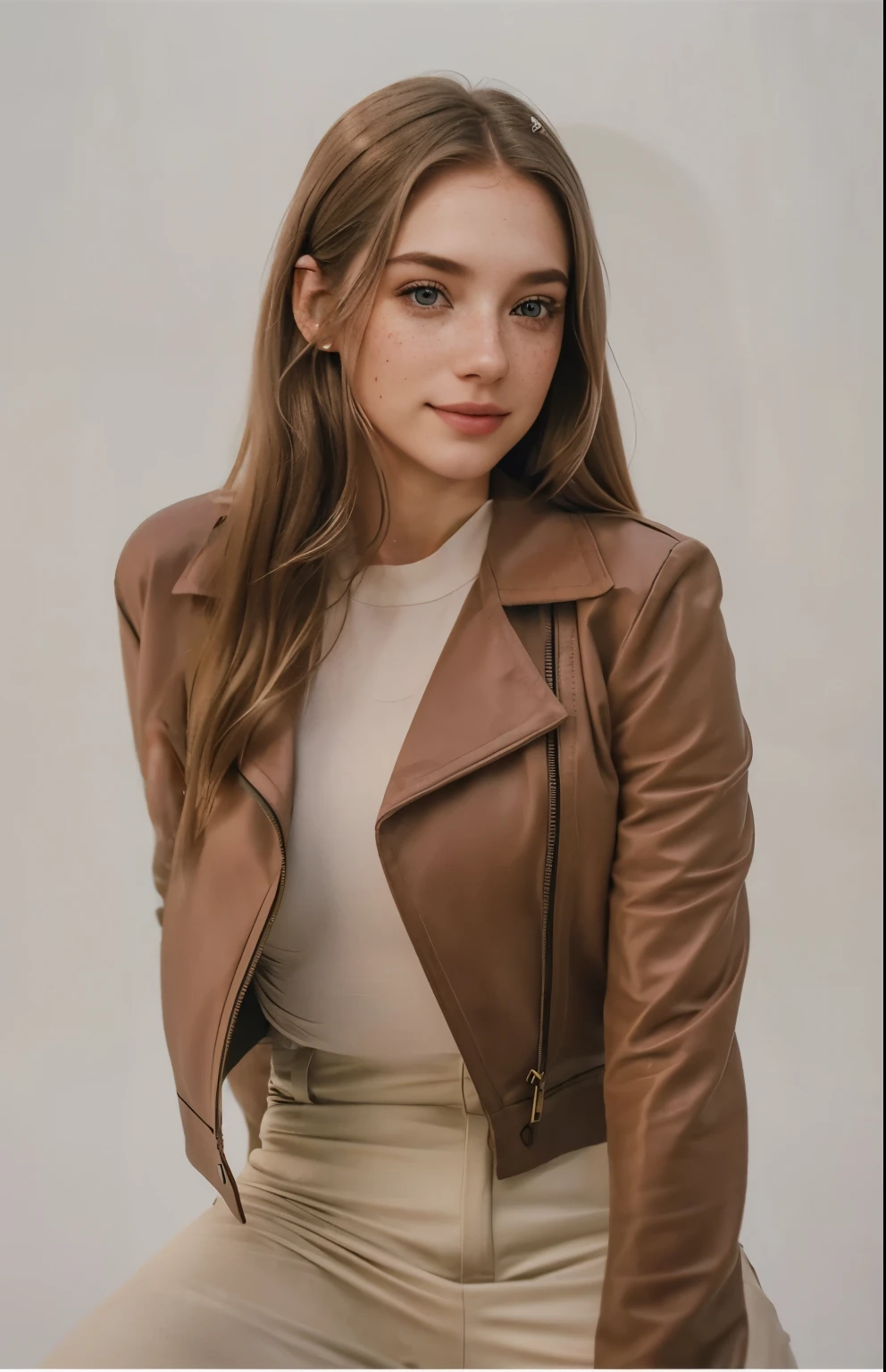 Woman, americana, age 25, pale skin and freckles, grey-eyed, delicate nose, soft and delicate lips, distant, cabelo blondie distant e ondulado na altura da cintura, Sweet smile, face with delicate feminine facial features, highly rendered, black leather pants
