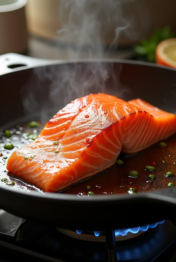Realistic salmon being fried in a frying pan
