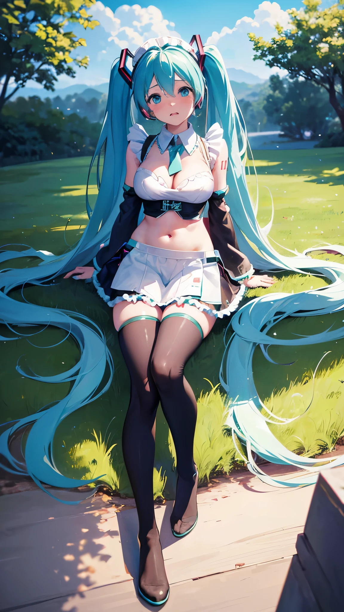 Young Hatsune Miku、girl、独奏、blush、Huge breasts、girl、ergarteners、、6 yeare happy、Striped panties、Long skirt、Long sleeve、Colorful idol costumes、Frills、Clothes are see-through、From below、Wet clothes、Transparent nipples、Squat with your legs apart