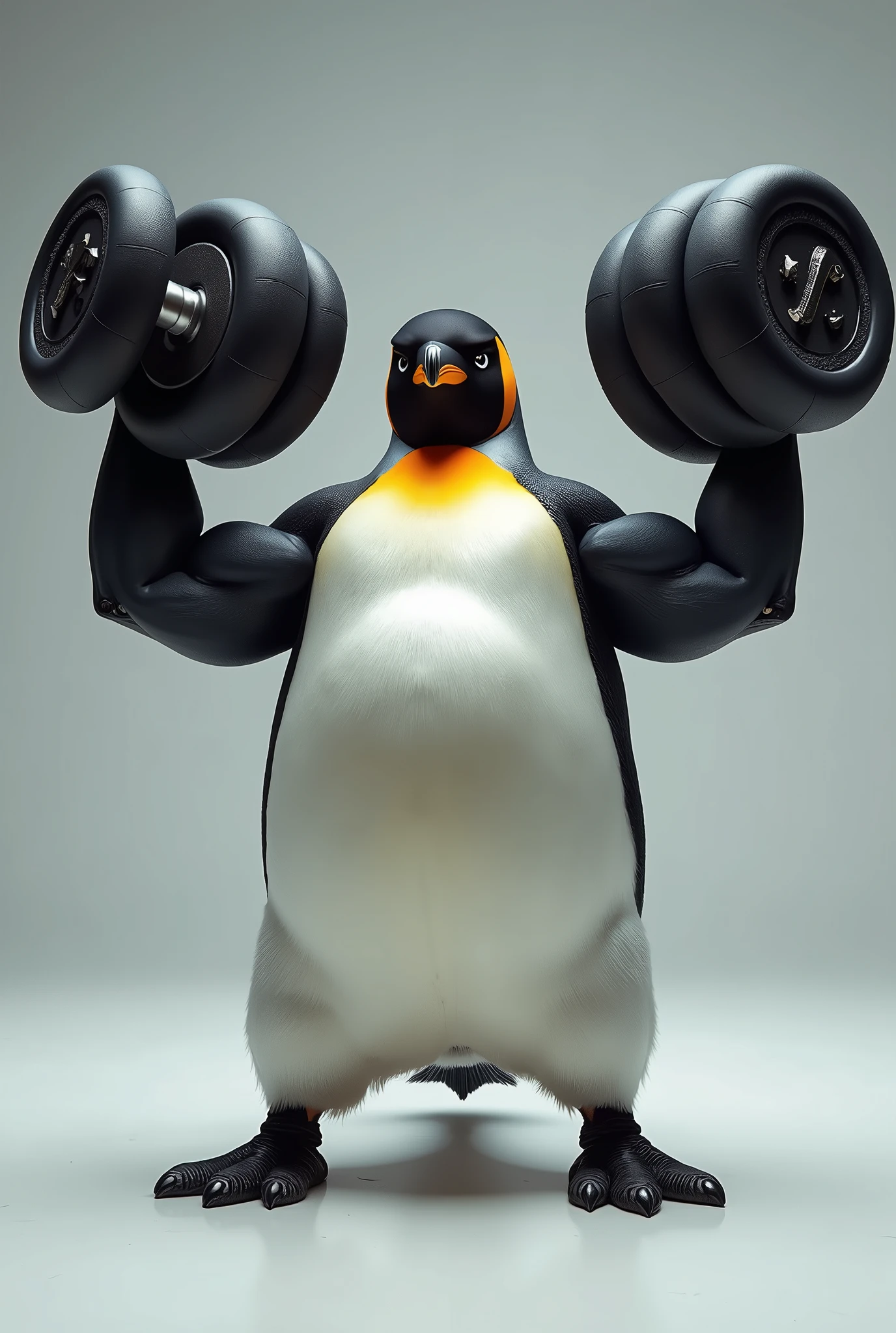 penguin, with two pumped up dumbbells
