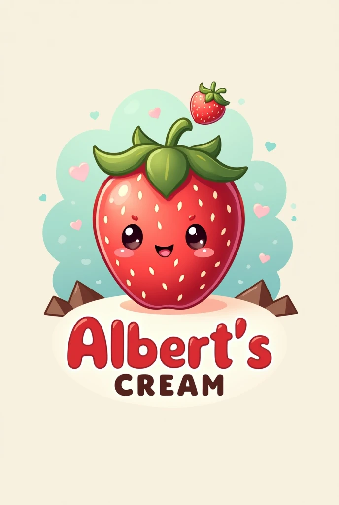 Logo for a strawberry and cream shop, with cool and slightly warm colors, what say "albert's cream" cute that has a nice strawberry in the middle anime style cute