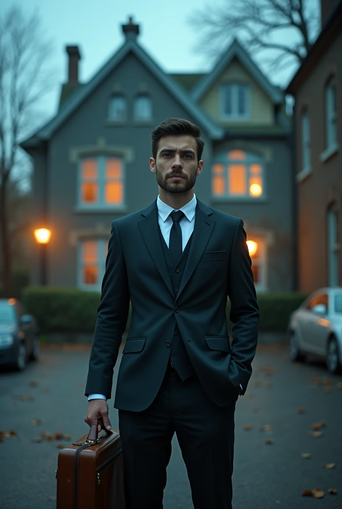 A young businessman in a suit, holding a black briefcase, standing in the front of haunted house. The image is shot in a 35mm film photography style, adding a cinematic feel with rich colors, dramatic lighting, and even more light and brightness for a vibrant, lively look.
