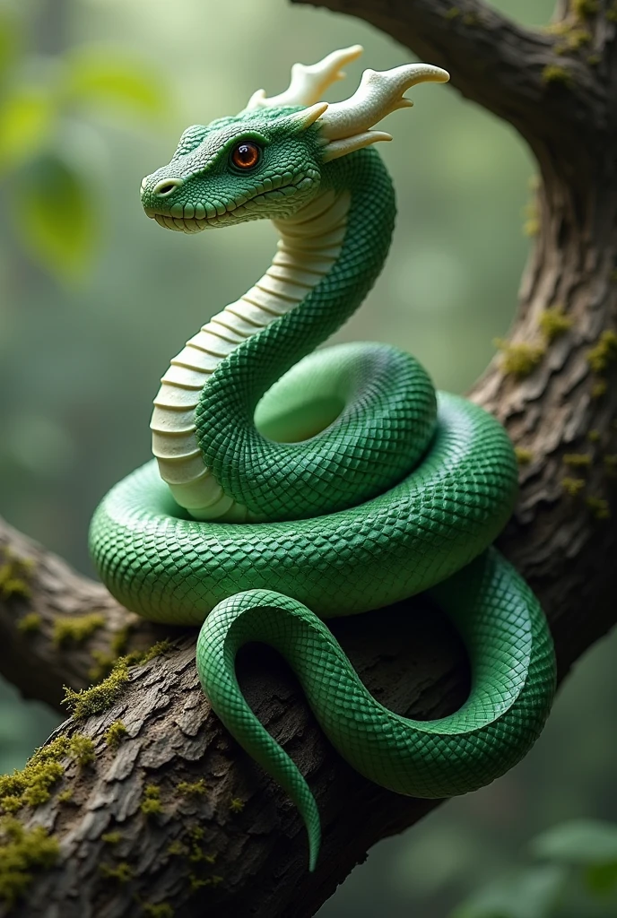 Green snake with white horn at tree