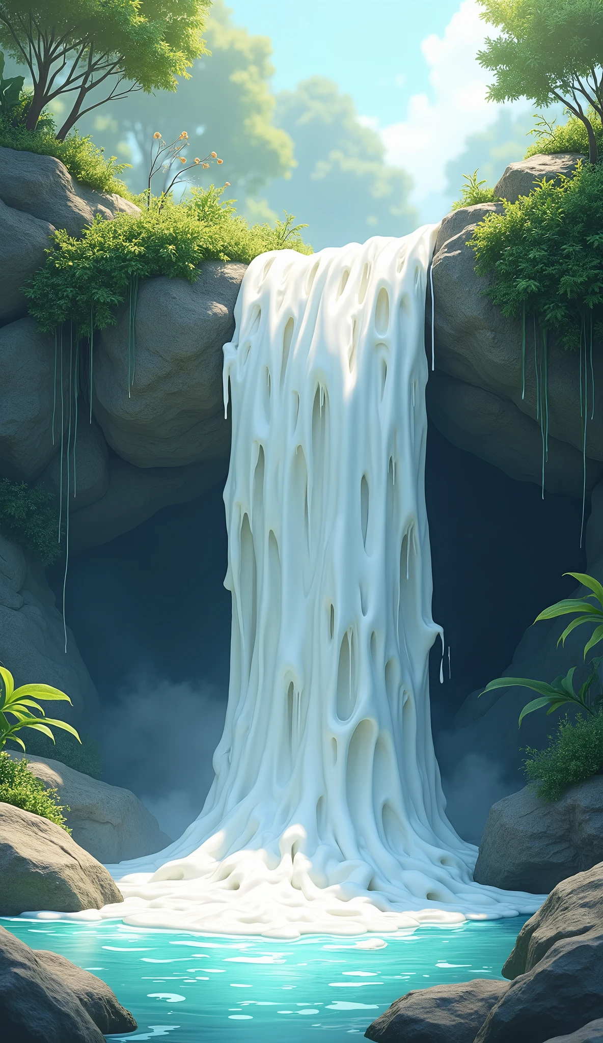 create an image of a white milk waterfall in a cartoon style photo realistic. The waterfall should be represented as a continuous, thick stream of white milk falling from a large rock or rock formation.. The milk should look thick and milky., with textures that capture fluidity and softness. Around the waterfall, include a lush natural environment, like lush green vegetation and moss-covered rocks. Lighting should be soft and diffuse, creating an ethereal and serene effect. The scene must be vivid, detailed and visually appealing, with emphasis on the realistic appearance of milk."
