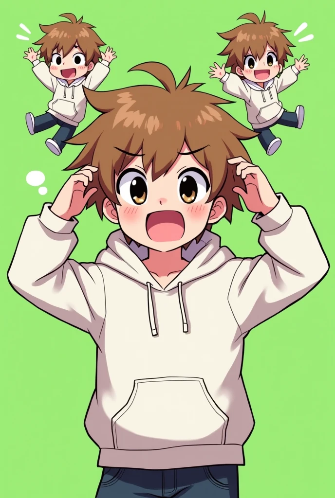 An anime-style character with light brown hair, black eyes, and wearing a white hoodie, depicted in various expressive poses similar to the reference image provided. The character should have a playful and exaggerated cartoon-like appearance, with different facial expressions like confusion, joy, anger, and love, set against a simple green background. The style should be consistent with chibi-like characters, focusing on the large head and expressive eyes.  MINECRAFT 