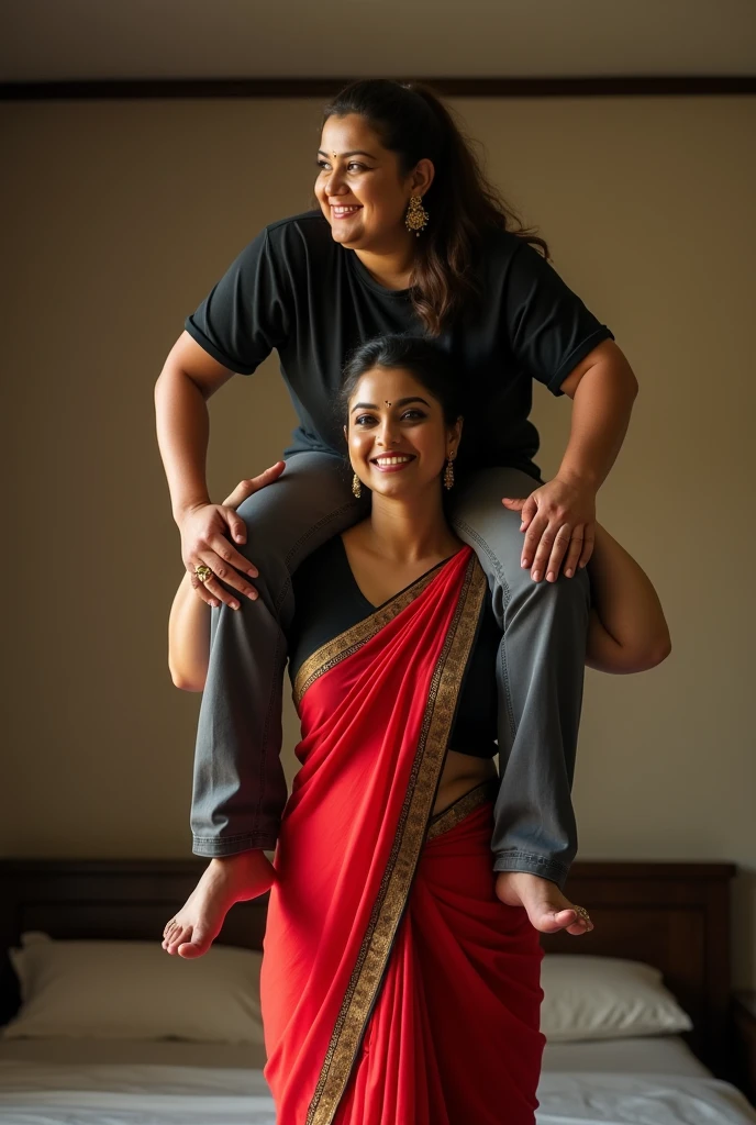 Beautiful and Slim Indian woman Aishwarya Rai in black blouse red saree , lifting a large chubby man above her shoulders, man is sitting on woman's shoulders, natural smile, in a bedroom with high ceiling , full body view
