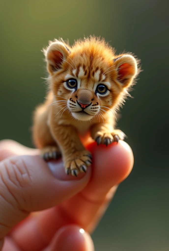Photorealistic, 34k, A micro lion perched on a human finger
