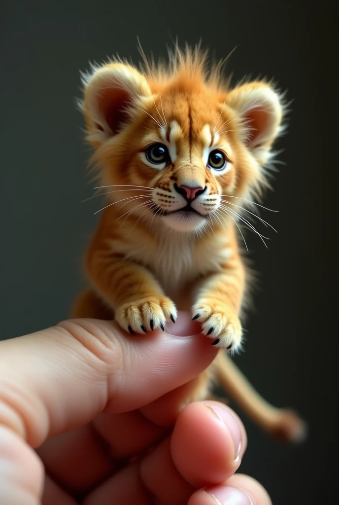 Photorealistic, 34k, A micro lion perched on a human finger