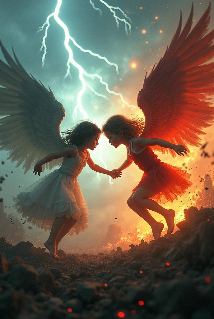 Un garçon et une fille, mi-anges mi-démons, se battent dans une ville dévastée par des tempêtes, marquant la fin du monde.