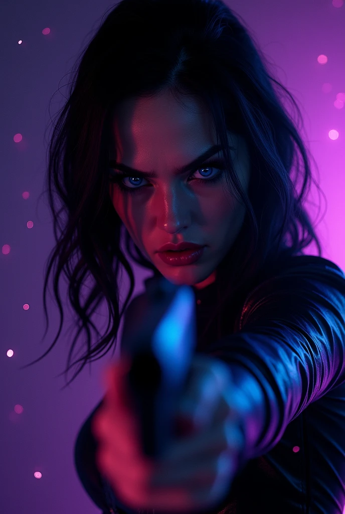 A close-up of a woman's very blue eyes, angry look, linda, black hair, black leather clothing, and a gun in his hand, night background, and purple phosphorescent light, brillitos