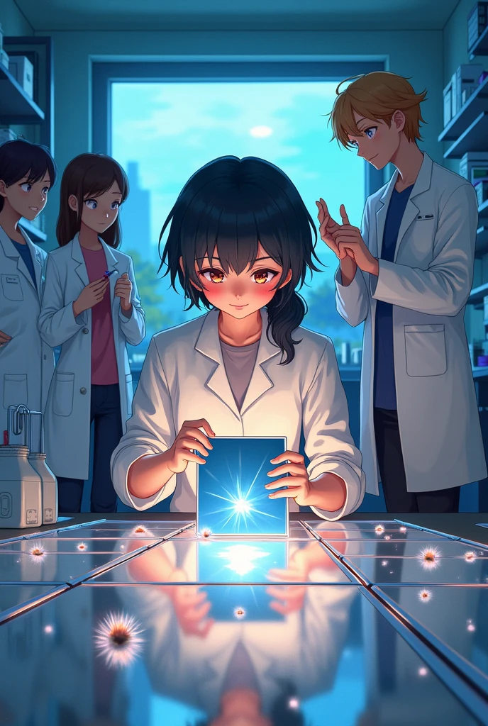 A ager creating a reflection project with mirrors and with several scientists in the background and a bed (anime)