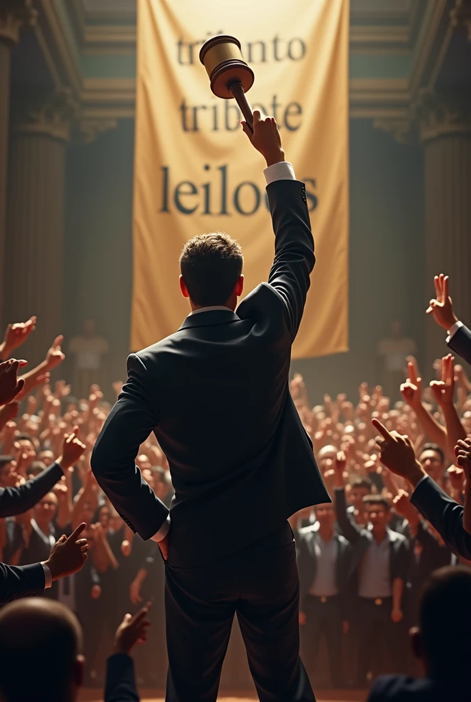An auctioneer in a suit and tie, standing backwards, with a judge&#39;s gavel held high, with a crowd with their hands raised, and a banner saying Tribuna Leiloes. 