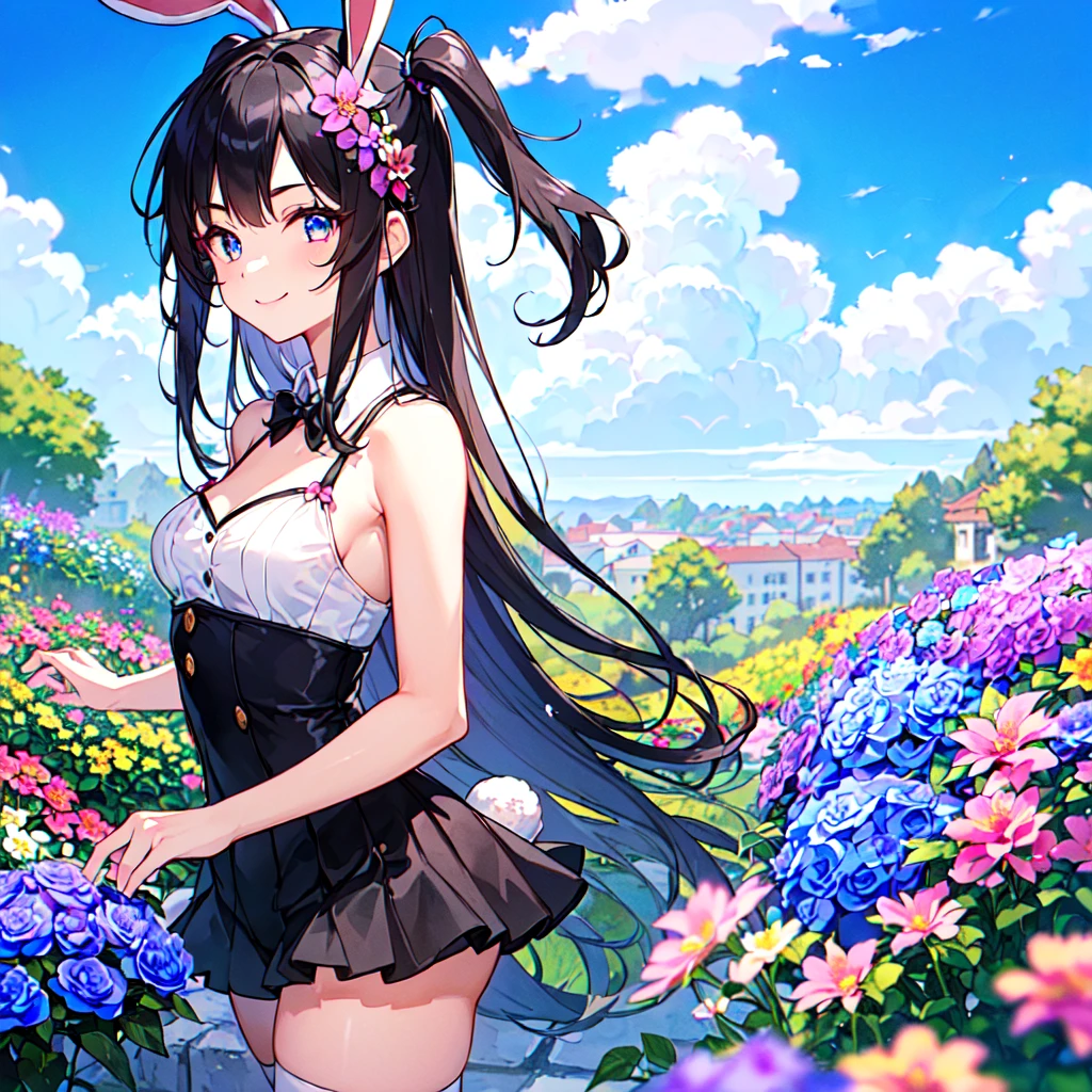 masterpiece, best quality, high quality, extremely detailed, very delicate and beautiful, (1female 18years old solo:1.5) , (two-side up long black hair:1.5), bangs to eyebrows, eyes (eyes sharp, strong and glossy, eyebrows glossy, (eye color magenta:1.3), 6.5 head height, (bunny girl:1.3), knee socks, (smiling), (standing:1.3), (dynamic pose), (upper body:1.3), (background summer flower garden :1.3) , (blue sky:1.3)