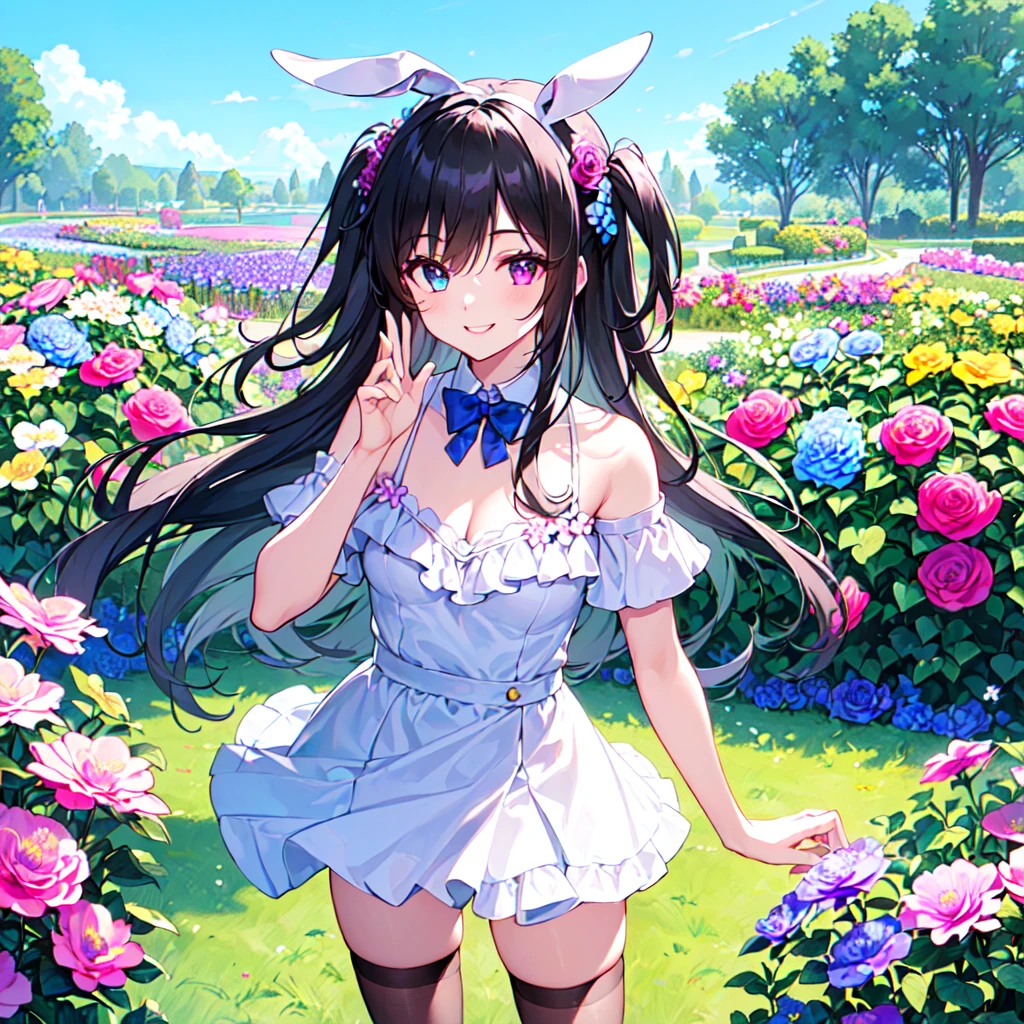masterpiece, best quality, high quality, extremely detailed, very delicate and beautiful, (1female 18years old solo:1.5) , (two-side up long black hair:1.5), bangs to eyebrows, eyes (eyes sharp, strong and glossy, eyebrows glossy, (eye color magenta:1.3), 6.5 head height, (bunny girl:1.3), knee socks, (smiling), (standing:1.3), (dynamic pose), (upper body:1.3), (background summer flower garden :1.3) , (blue sky:1.3)