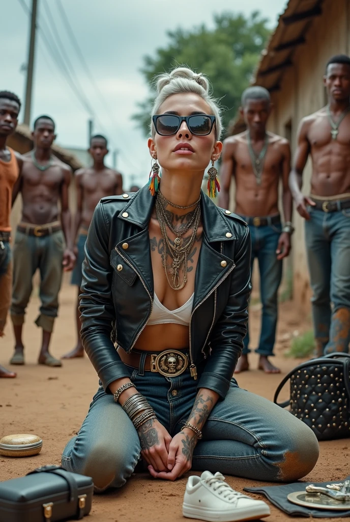russian milf woman, grey hair (pouf, and top bun and shaved sides) and oversized square maxi sunglasses as headband, with very light blue eyes, extremely pale. Wearing aged vintage black cropped moto jacket with padded shoulders, with lots of zippers and pins; aged dirty tight push up tank top , skinny aged blue jeans and dirty white tennis sneakers. Dirty knees and dusty hands. Lots of metallic bracelets, lots of boho pendants and lots of colourful beads collars. Tacky wide studded leather belt with oversized skull and bones buckle. Long bohemian earrings with colourful feathers. Kneeling like in a payer, chin up stretching her neck , humble facial expression. Hands on her knees, showing off bracelets and rings. studded black leather tote bag with chains on the floor, next to her.. Listening in amazement to somebody speaking to her, well toned abdominals, thin neck, slim legs and thin arms. Tattoed heavily on chest and hands. Dirt street in Kenian village full of waste. A lot of tanned shirtless fat men in jeans around looking at her. next to her, all her belongings scattered on the floor: makeup kit, little makeup mirror, studded black leather tote bag, lipstick, wallet, moble etc on the floor