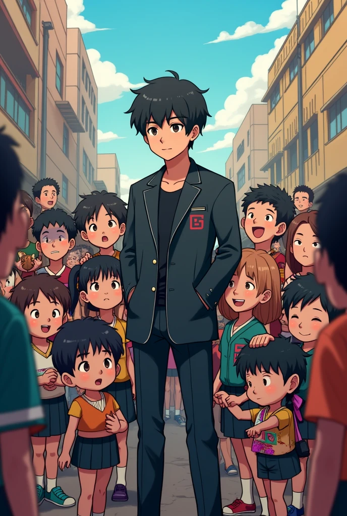 BTS Suga with black hair and eyes protected and supported by his Latin American chibi army fans