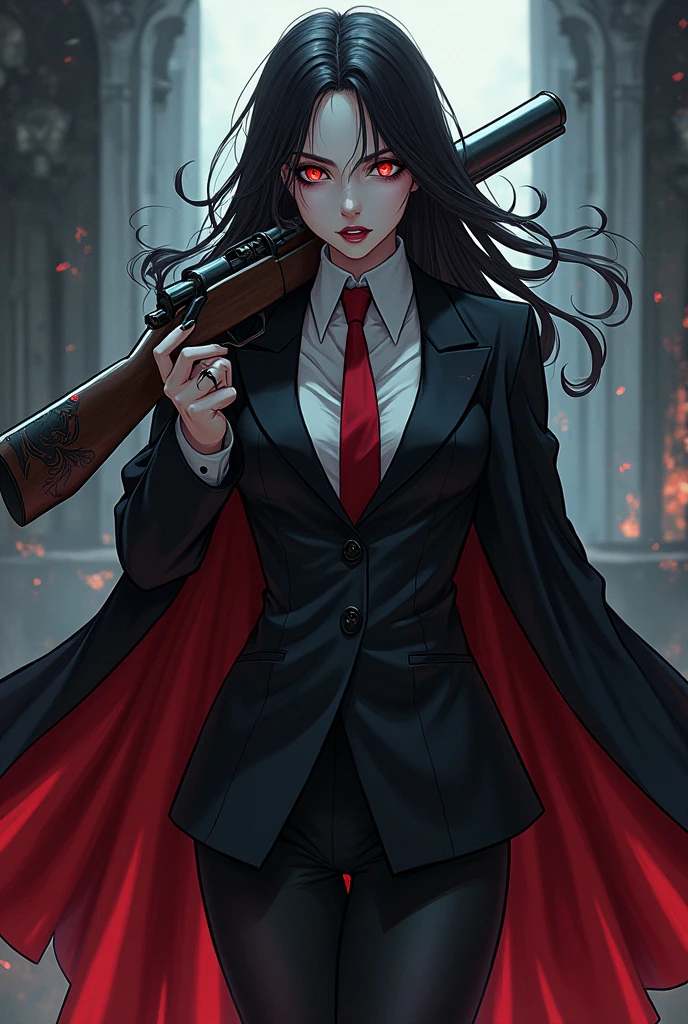 vampires, Woman, using suit, fully body, anime drawing style, with a musket in hand