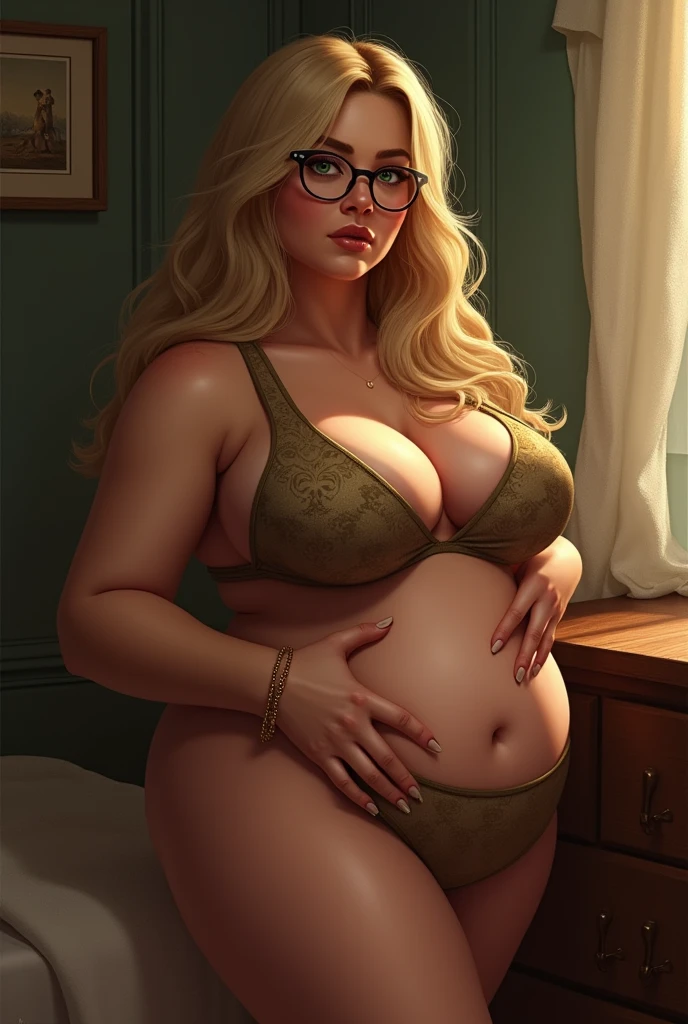 a blonde milf, long straight hair, white, green eyes with glasses, curvy, big legs and butt, big tits, fucking
