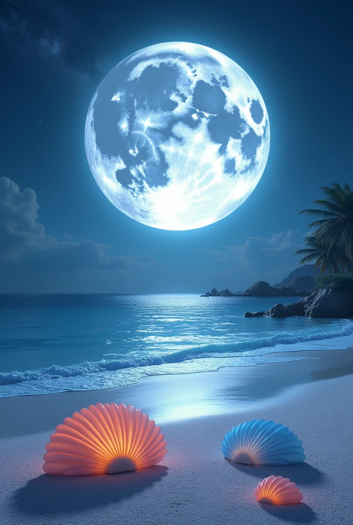 Imaginez une plage de sable fin, mais ce sable est d’un blanc scintillant, presque phosphorescent sous la lumière argentée d’une lune gigantesque et proche. La mer, d’un bleu profond, est si calme qu'elle ressemble à un miroir, reflétant parfaitement le ciel étoilé. De légères vagues s’échouent doucement sur le rivage, où d’énormes coquillages colorés reposent, émettant une douce mélodie marine qui apaise l'âme.