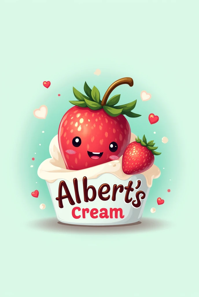Logo for a strawberry and cream shop, with cold colors, what say "albert's cream" cute that has a nice strawberry in the middle cute style