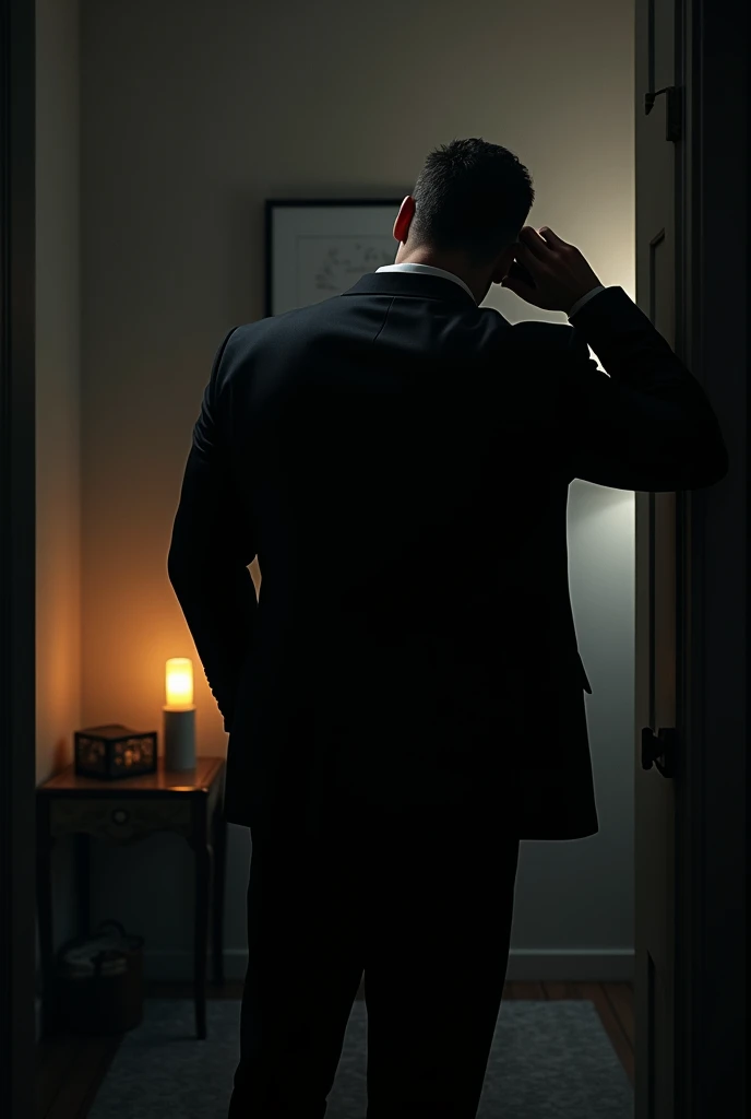 Muscular man in a black suit standing in the corner of a room with his back to the camera and talking on the phone