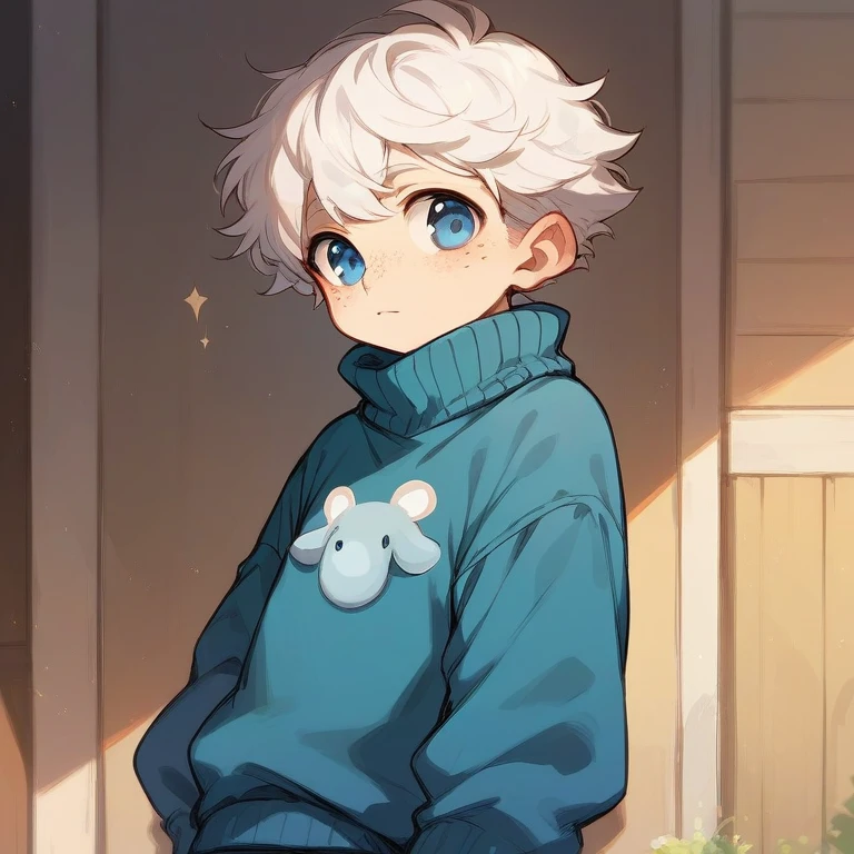 Cute sheep boy white hair blue eyes sweater freckles boy