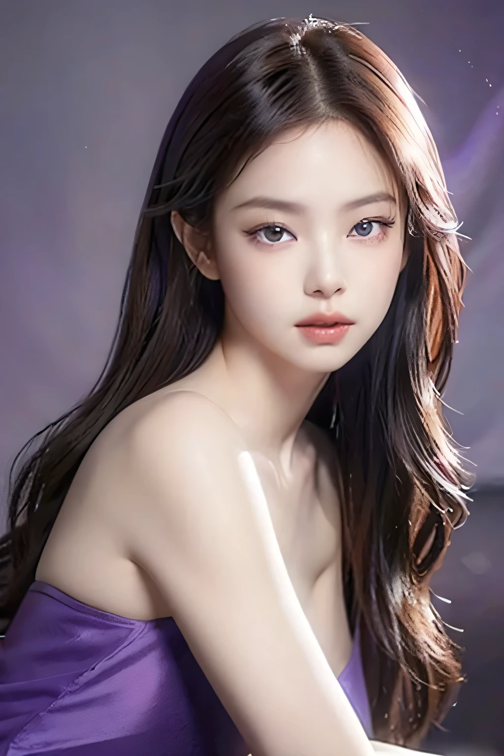 Jennie, purple satin dress, long hair, beautiful detailed eyes, beautiful detailed lips, extremely detailed face, longeyelashes, elegant pose, dramatic lighting, cinematic, chiaroscuro, dramatic shadows, moody, atmospheric, photorealistic, 8k, best quality, masterpiece, meadow background