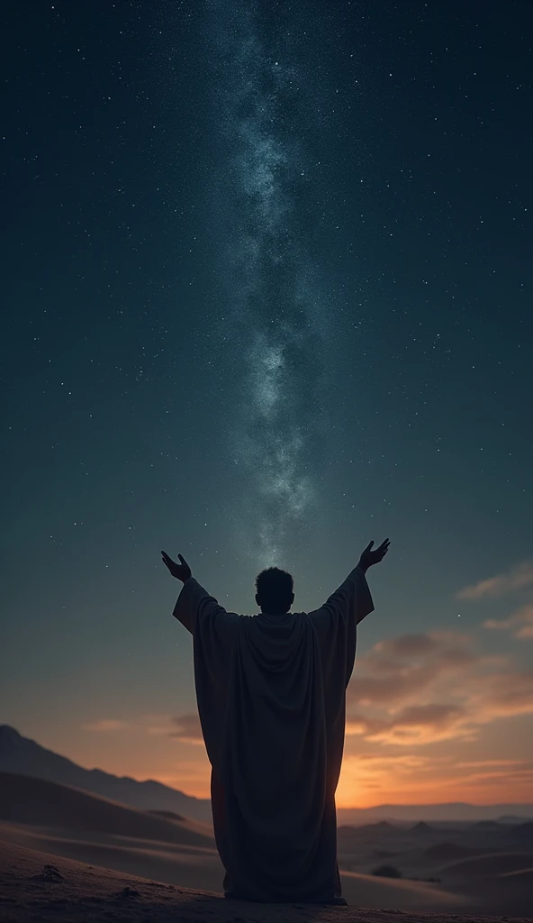 Back view of the Prophet praying to Allah with both hands raised towards the starry sky at night in the desert