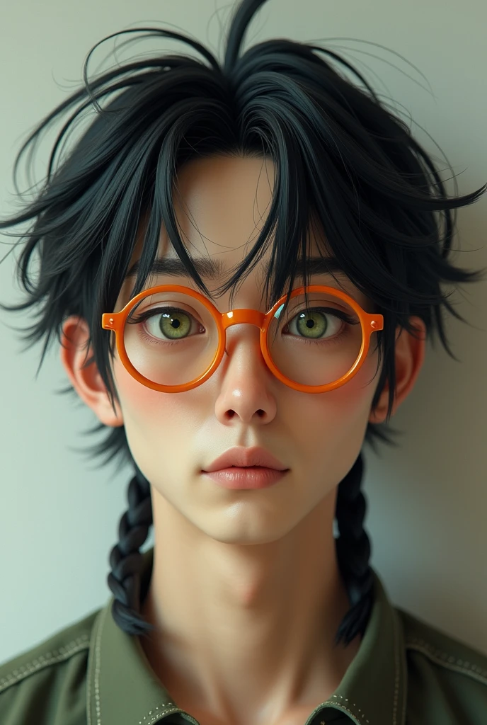 (photorealism:1.2), Japanese man, has sleepy green eyes, wearing orange glasses, has aquiline nose, messy mullet with its end braided