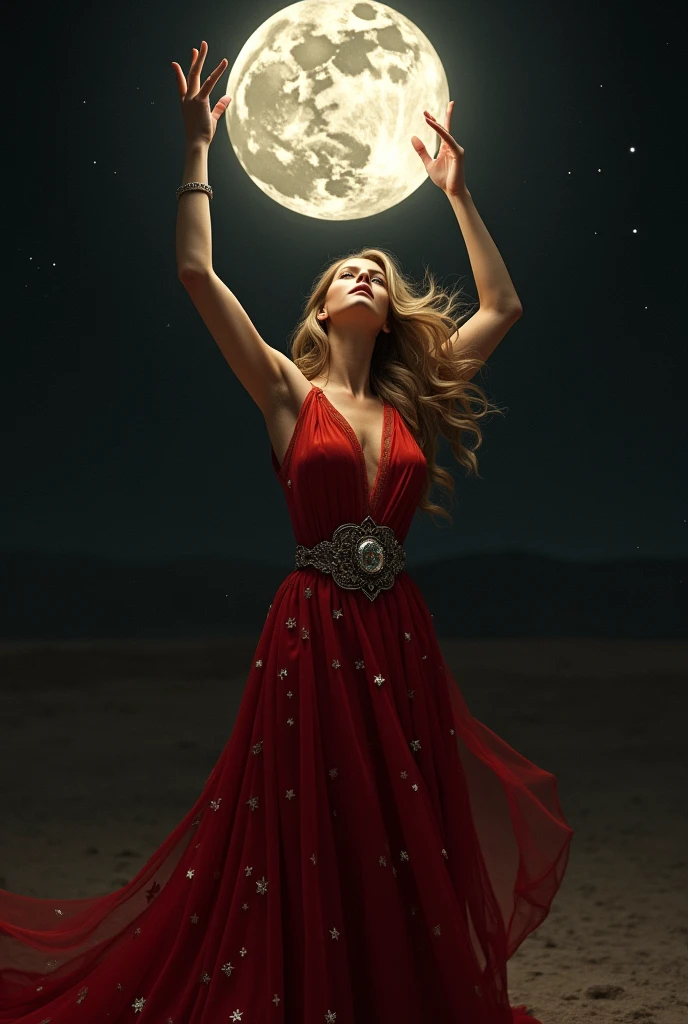 Infynit woman with her hands up holding the moon wearing a red dress full of stars and an antique belt 