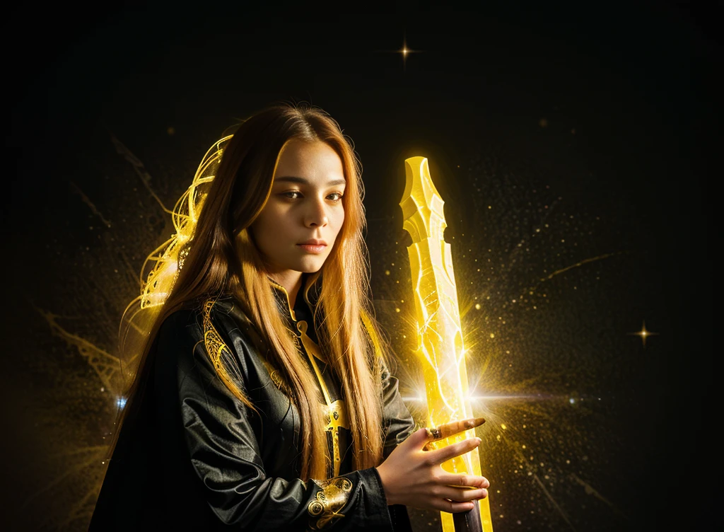 a woman, mage, yellow long hair, dark fantasy, detailed yellow and black cosmic robe, cosmic staff
