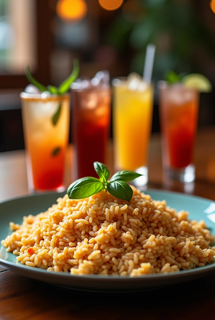 A photorealistic image of a plate of rice with a creamy sauce, with a few sprigs of basil on top, with four glasses of drinks in the background. The glasses are filled with different types of cocktails, including a dark and stormy, a vodka soda, a gin and tonic, and a margarita. The background is a blurry image of a cafe.
