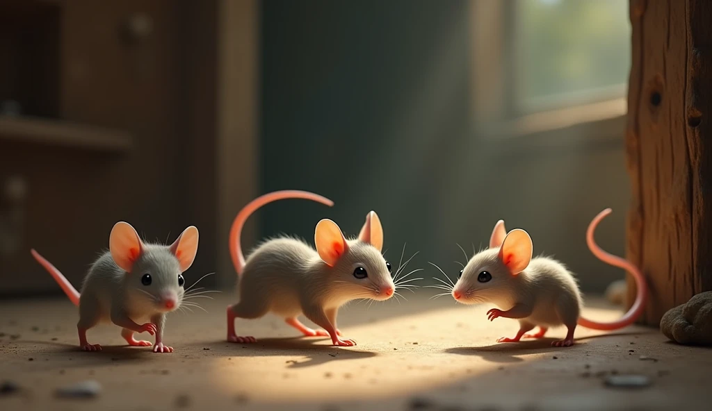 Three tiny mice, scampering around,
Counting their steps without a sound.