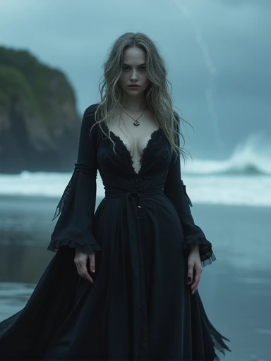 (Masterpiece.UHD.photorealistic..) (full body shot) an ultra hot gorgeous European woman. Age 23. Gorgeous face. Epic cleavage. Huge breast. (100 E size). (Random wavy hair color). She’s a dark horrific ghost pirate captain. Evil look. Ethereal. Intricate details.on a black sand beach. Cliffs on left side of the picture. Stormy weather.lightning. Strong sea. Waves. Dark clouds. low key, dark blurry background